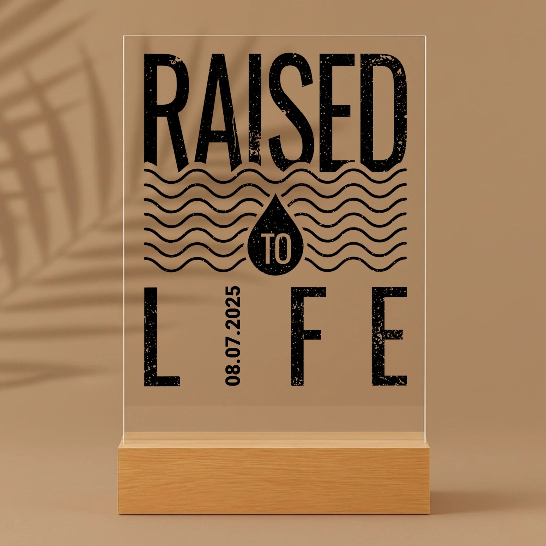 Personalisierter Acrylaufsteller mit Holzsockel, christliche Deko und Geschenkidee, stilvoll mit Palmenschatten