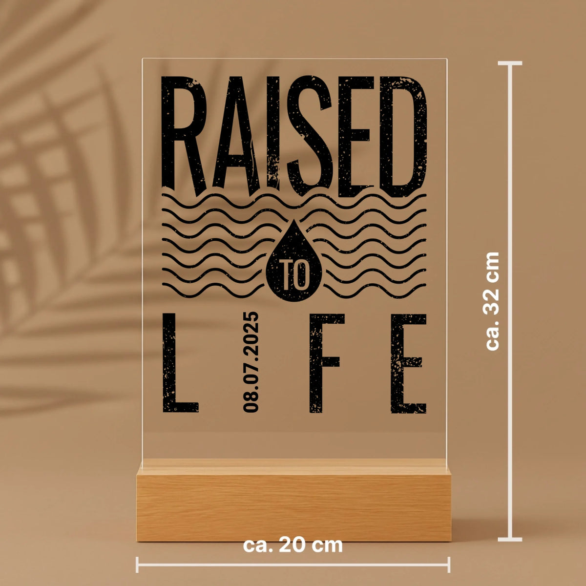 Personalisierter Acrylaufsteller mit Holzsockel, christliche Deko und Geschenkidee, mit Größenangaben