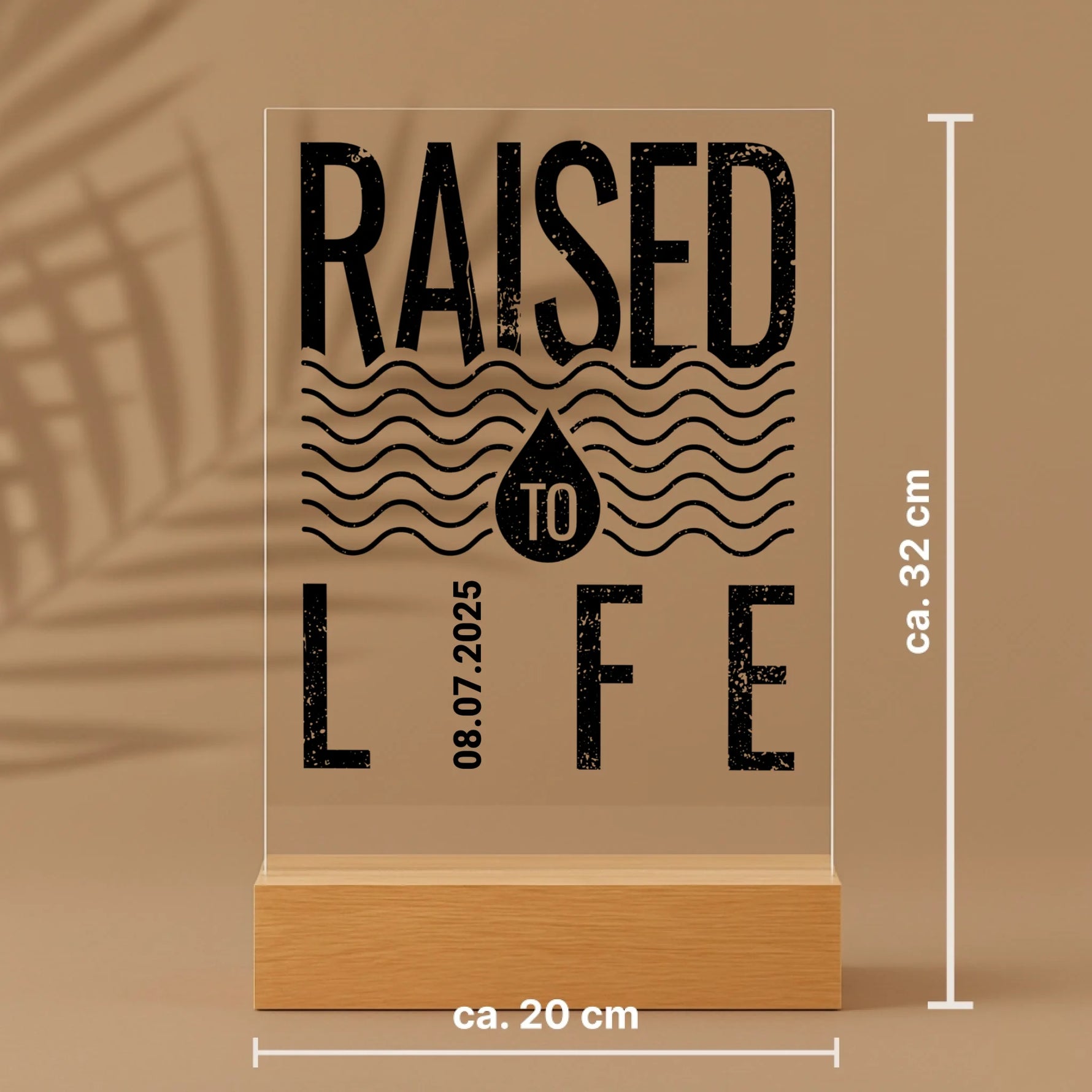 Personalisierter Acrylaufsteller mit Holzsockel, christliche Deko und Geschenkidee, mit Größenangaben