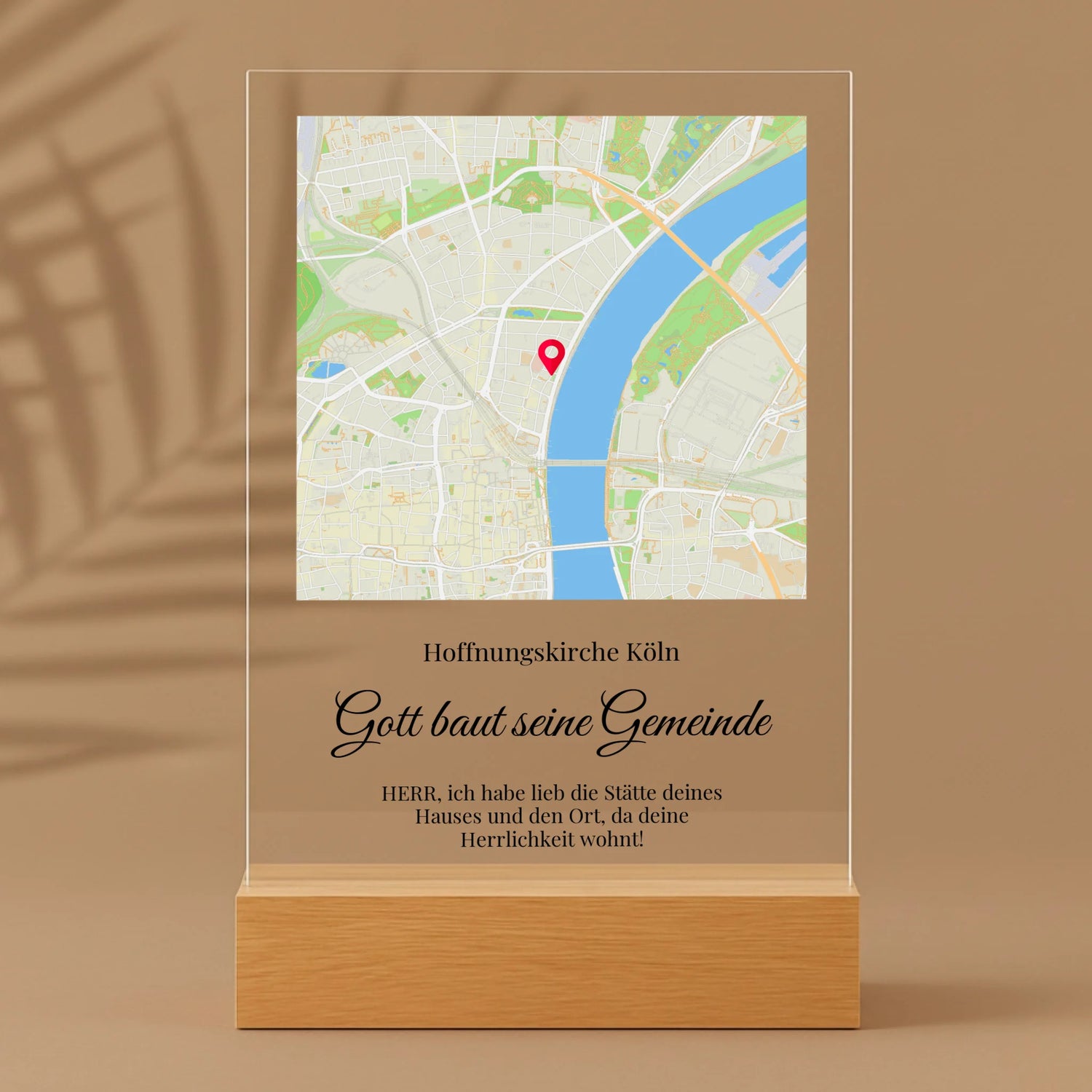 Personalisierter Acrylaufsteller mit Holzsockel, christliche Deko und Geschenkidee, stilvoll mit Palmenschatten