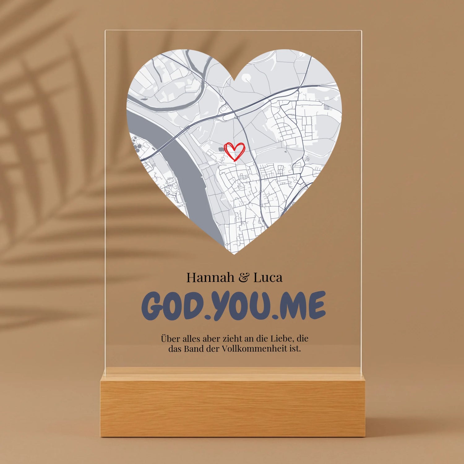 Personalisierter Acrylaufsteller mit Holzsockel, christliche Deko und Geschenkidee, stilvoll mit Palmenschatten