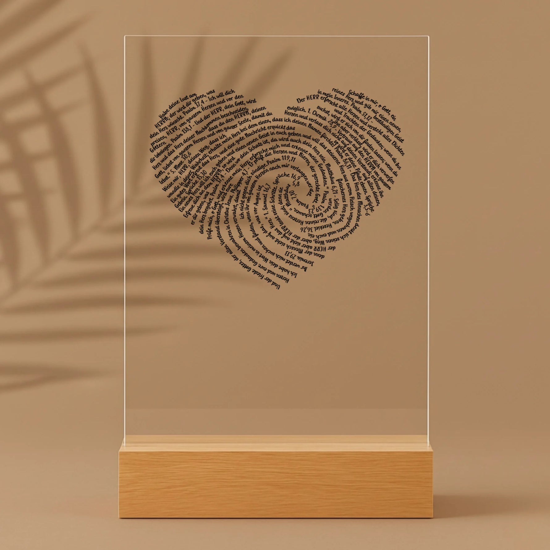 Personalisierter Acrylaufsteller mit Holzsockel, christliche Deko und Geschenkidee, stilvoll mit Palmenschatten