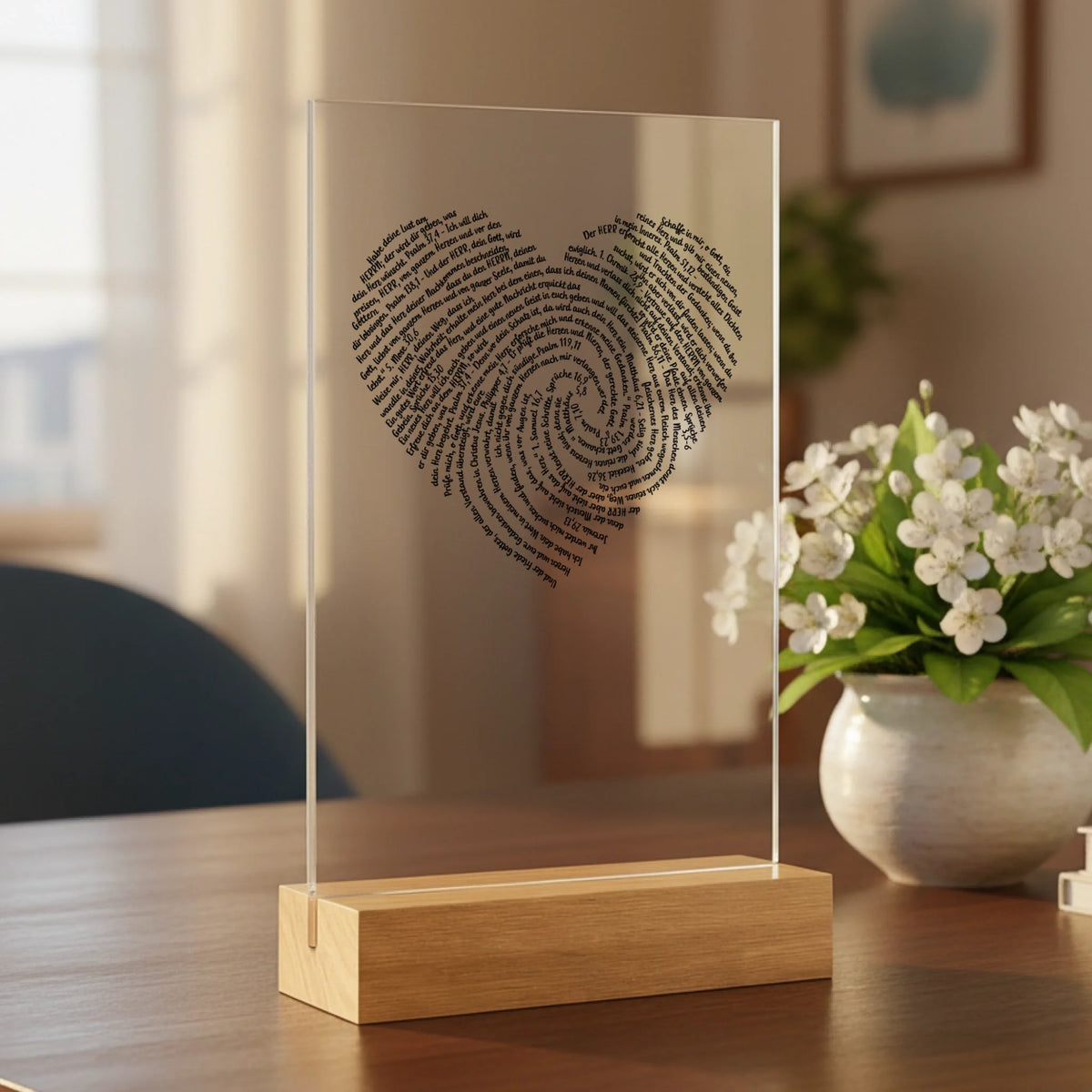 Personalisierter Acrylaufsteller mit Holzsockel, christliche Deko und Geschenkidee, stilvoll im Wohnzimmer platziert