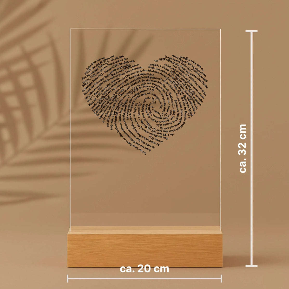 Personalisierter Acrylaufsteller mit Holzsockel, christliche Deko und Geschenkidee, mit Größenangaben