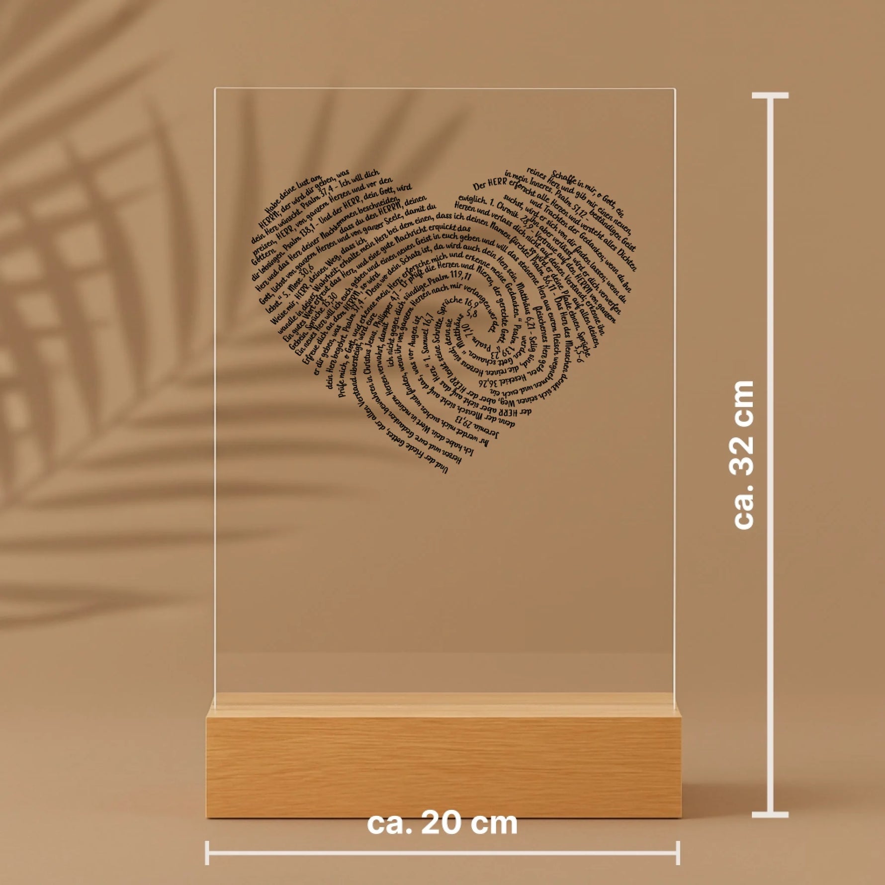 Personalisierter Acrylaufsteller mit Holzsockel, christliche Deko und Geschenkidee, mit Größenangaben