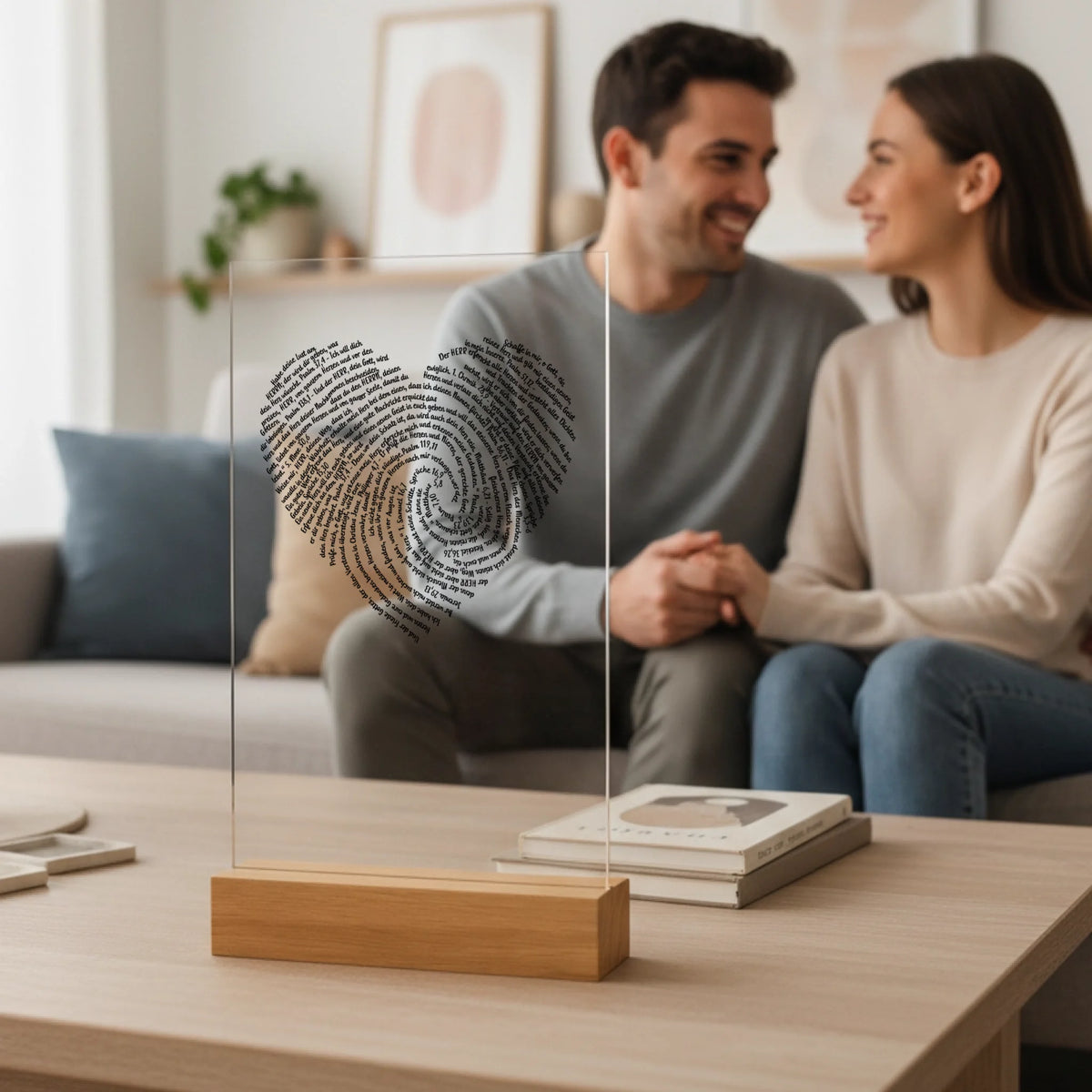 Personalisierter Acrylaufsteller mit Holzsockel, christliche Deko und Geschenkidee, stilvoll für Ehepaare Paare