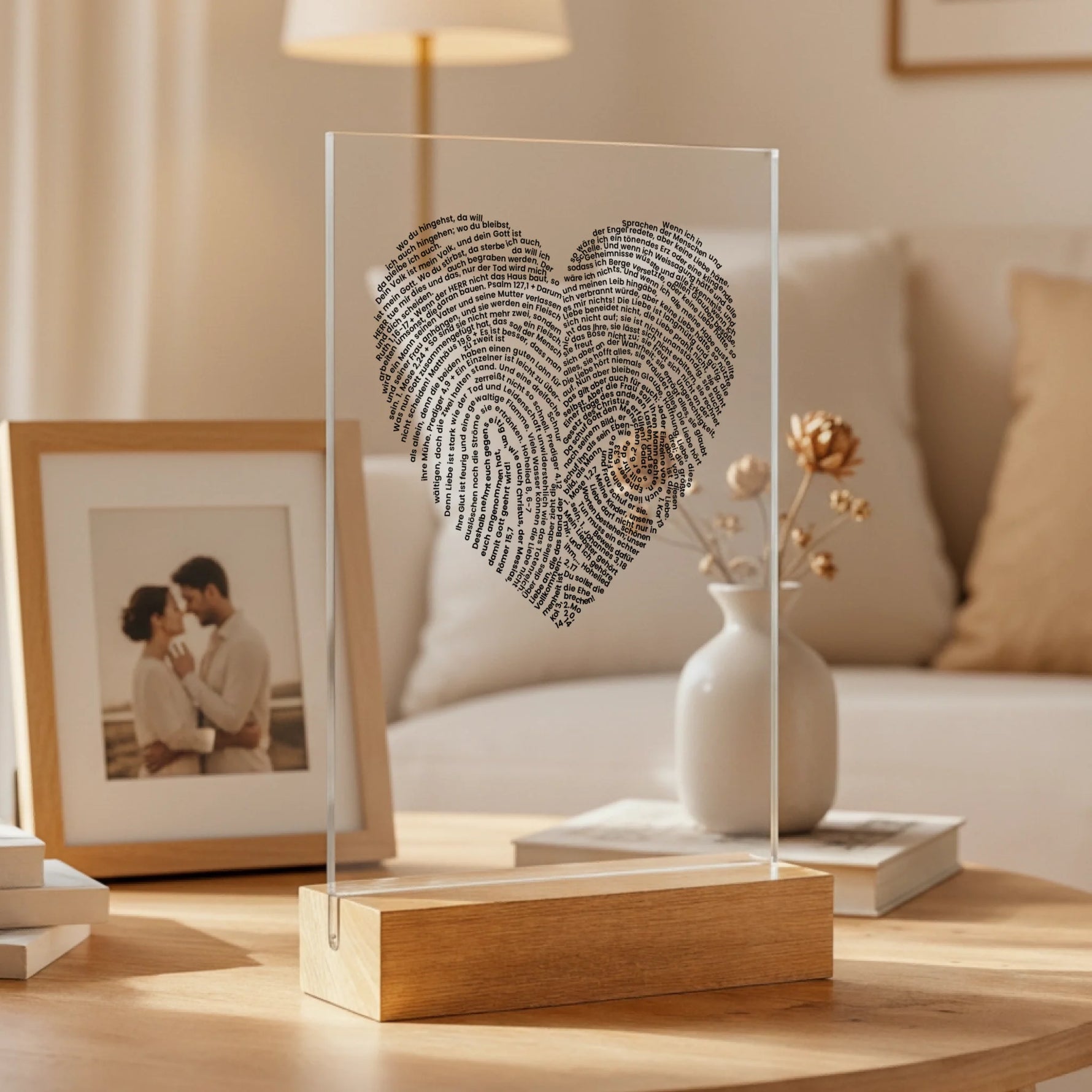 Personalisierter Acrylaufsteller mit Holzsockel, christliche Deko und Geschenkidee, stilvoll im Wohnzimmer platziert
