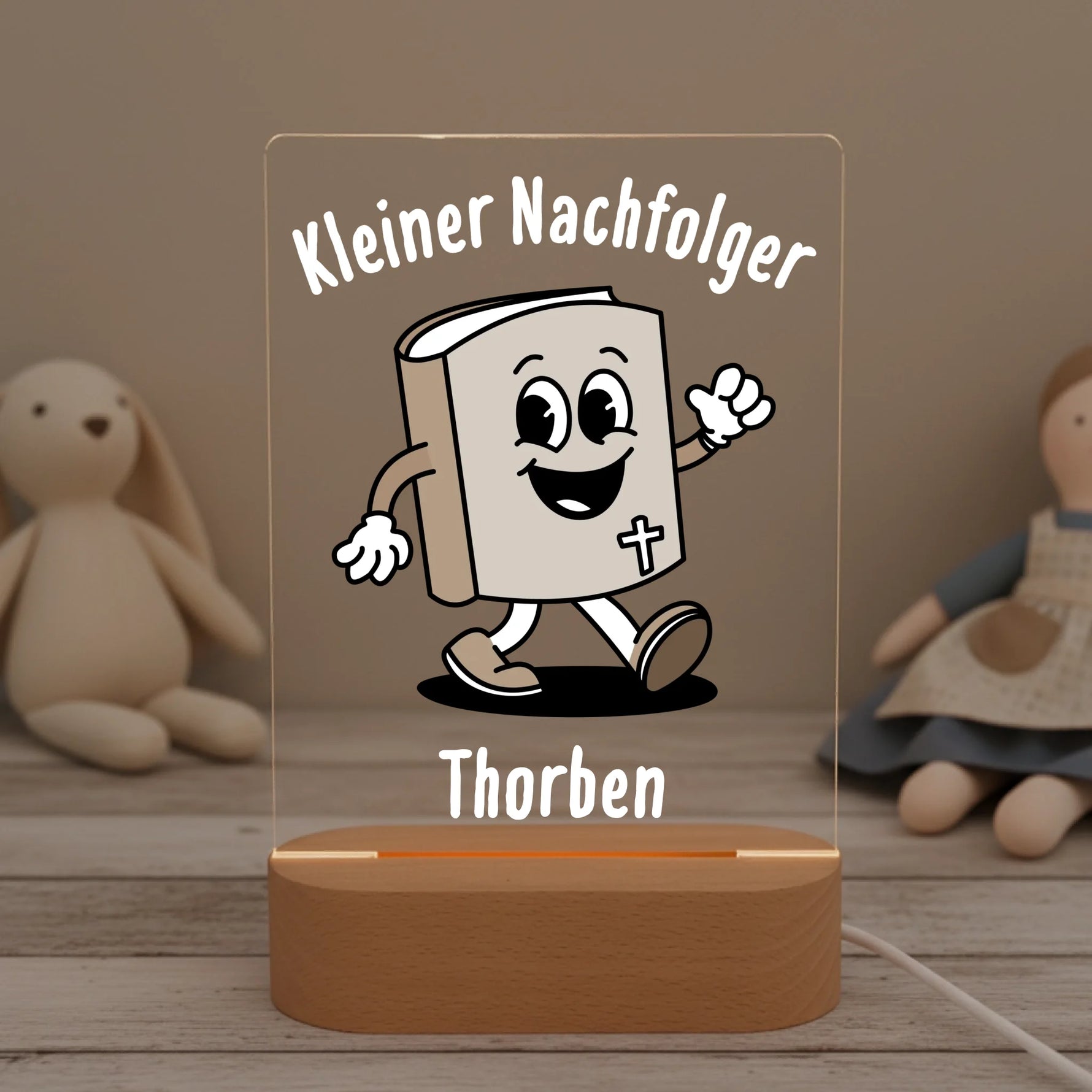 Personalisiertes LED Nachtlicht Christliche Deko und Geschenk Kinderzimmer Teddy und Puppe