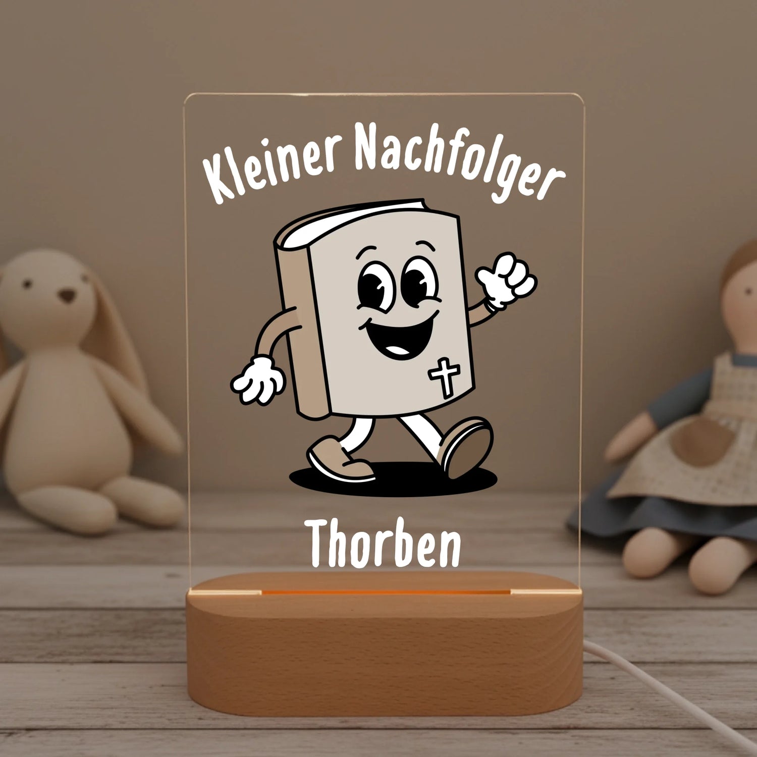 Personalisiertes LED Nachtlicht Christliche Deko und Geschenk Kinderzimmer Teddy und Puppe