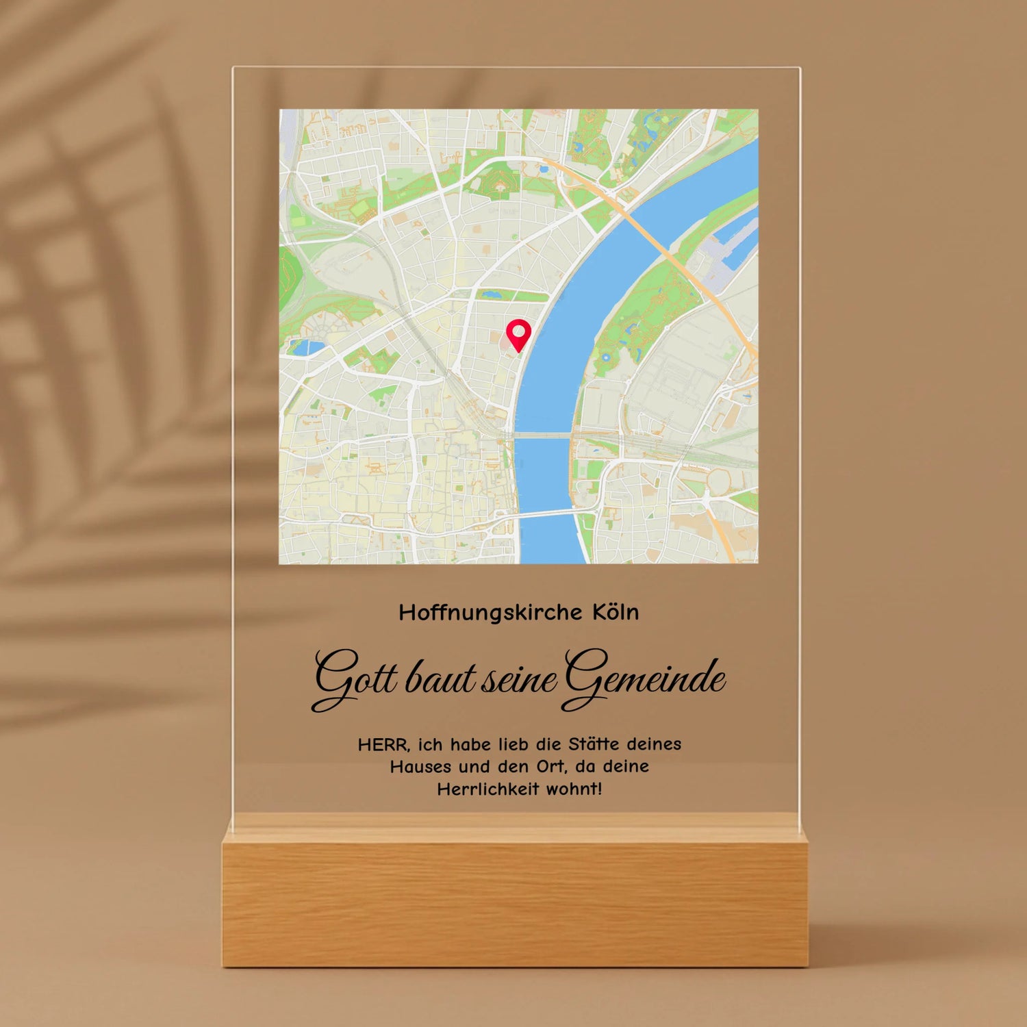 Personalisierter Acrylaufsteller mit Holzsockel, christliche Deko und Geschenkidee, stilvoll mit Palmenschatten