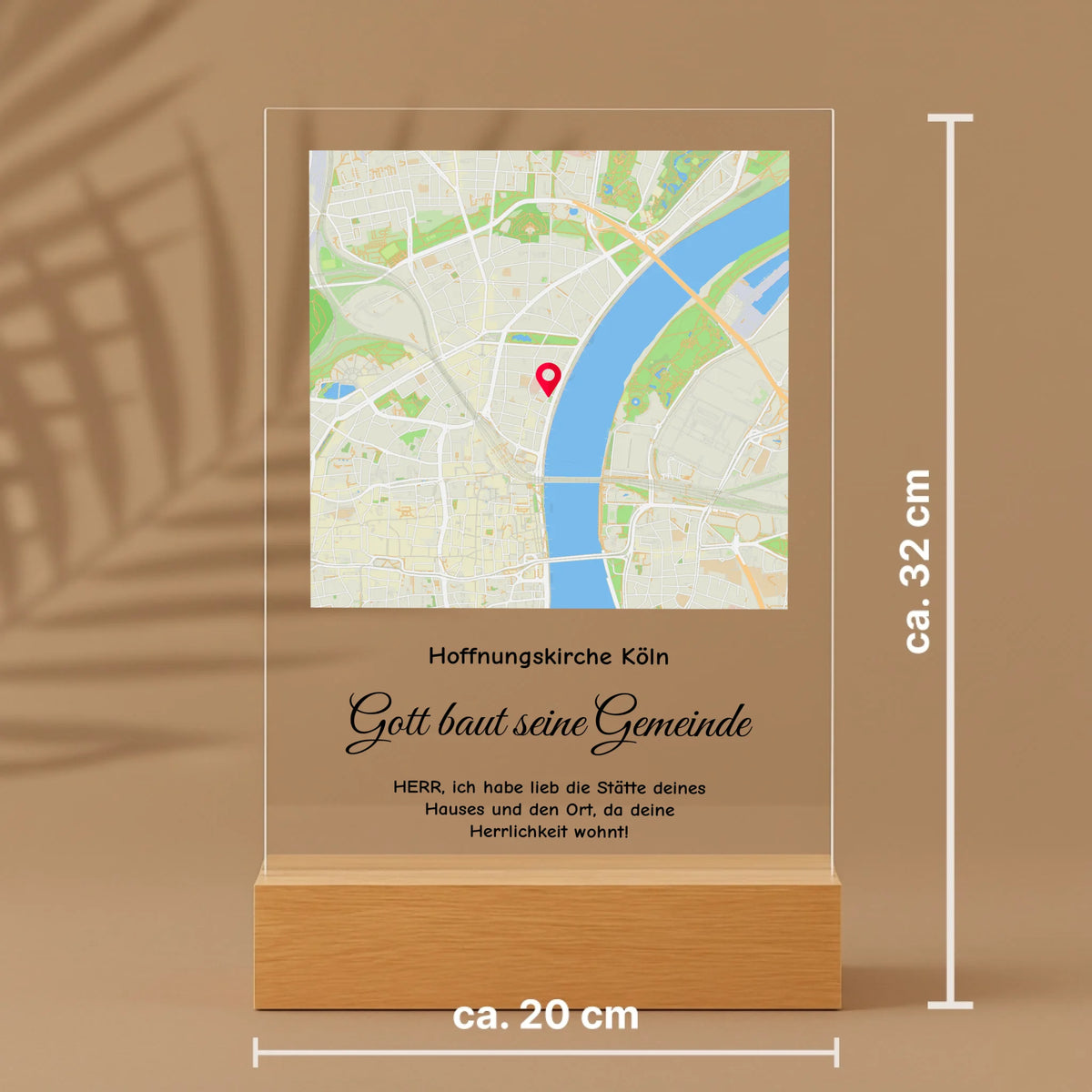 Personalisierter Acrylaufsteller mit Holzsockel, christliche Deko und Geschenkidee, mit Größenangaben