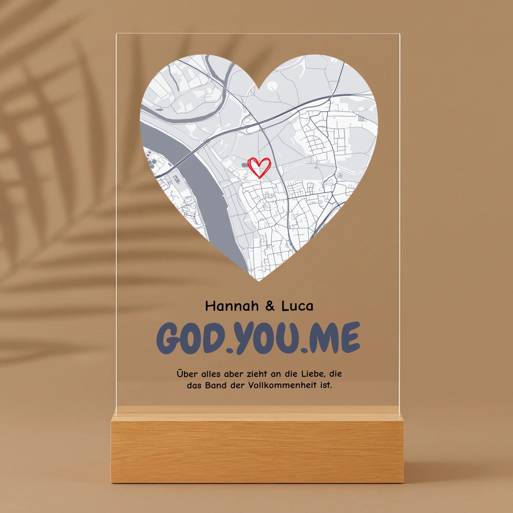 Personalisierter Acrylaufsteller mit Holzsockel, christliche Deko und Geschenkidee, stilvoll mit Palmenschatten