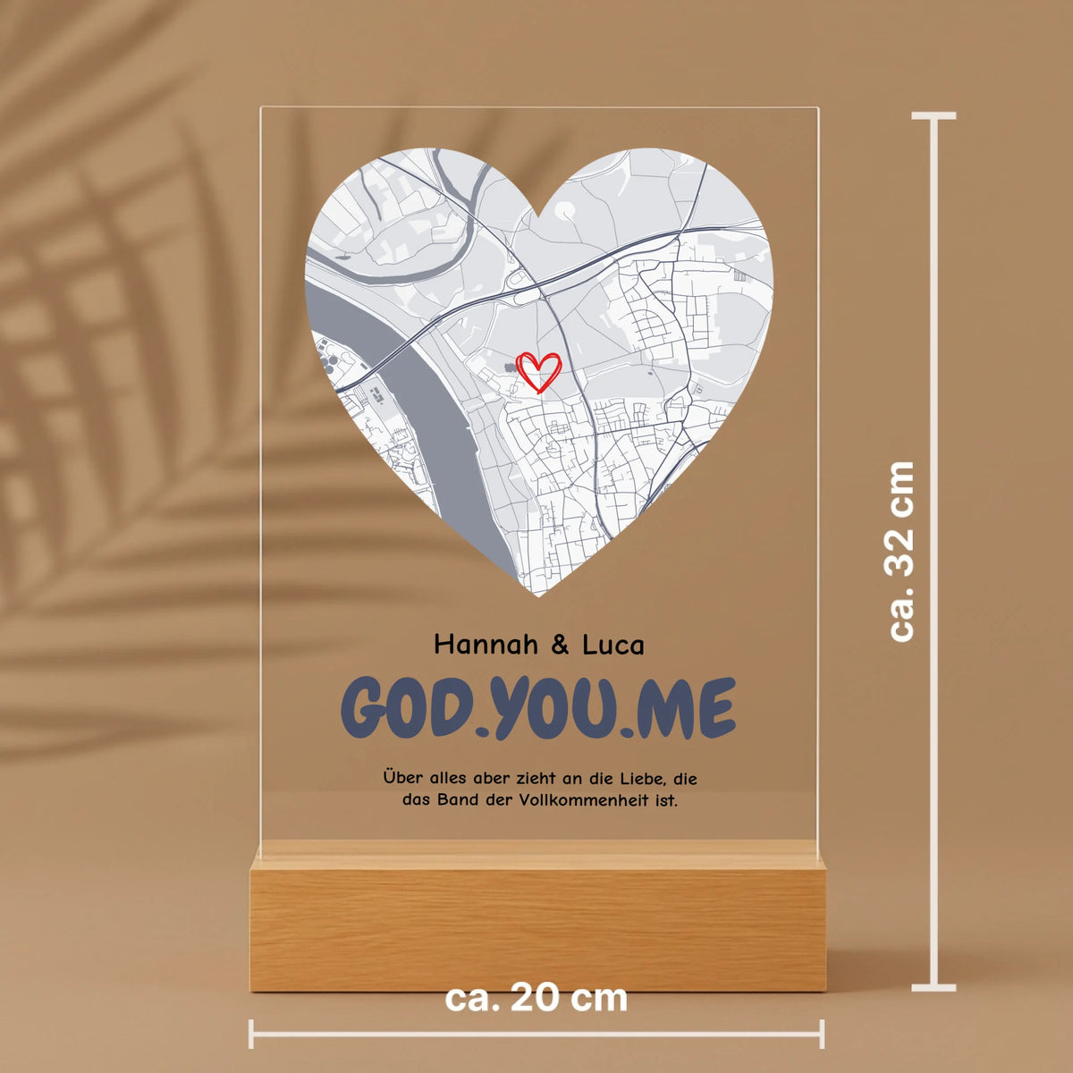 Personalisierter Acrylaufsteller mit Holzsockel, christliche Deko und Geschenkidee, mit Größenangaben