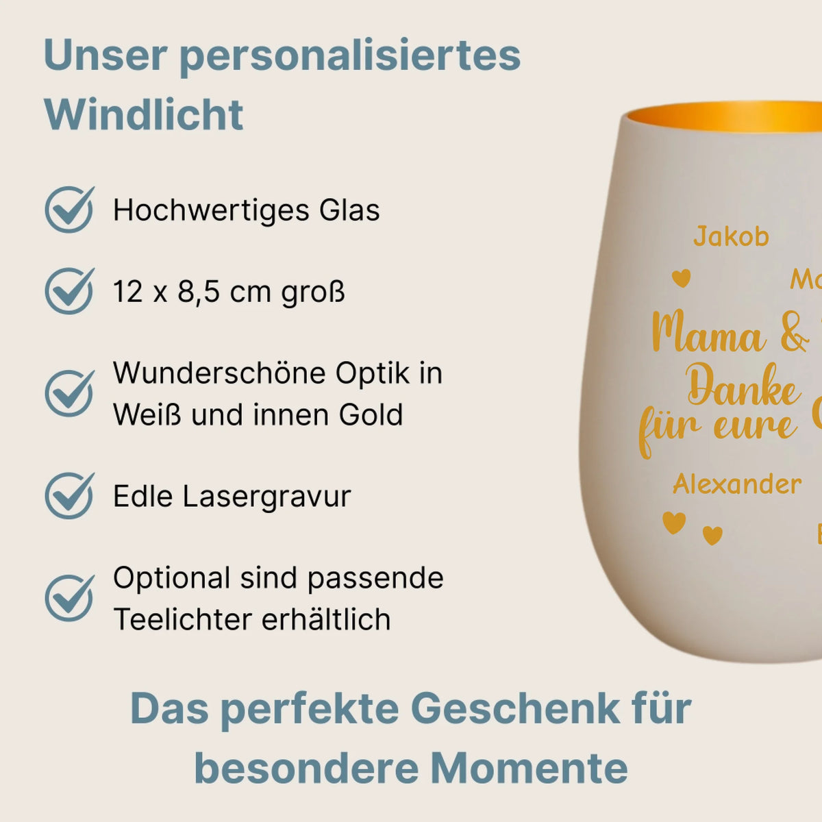 Produktbeschreibung Windlicht Weiß Gold