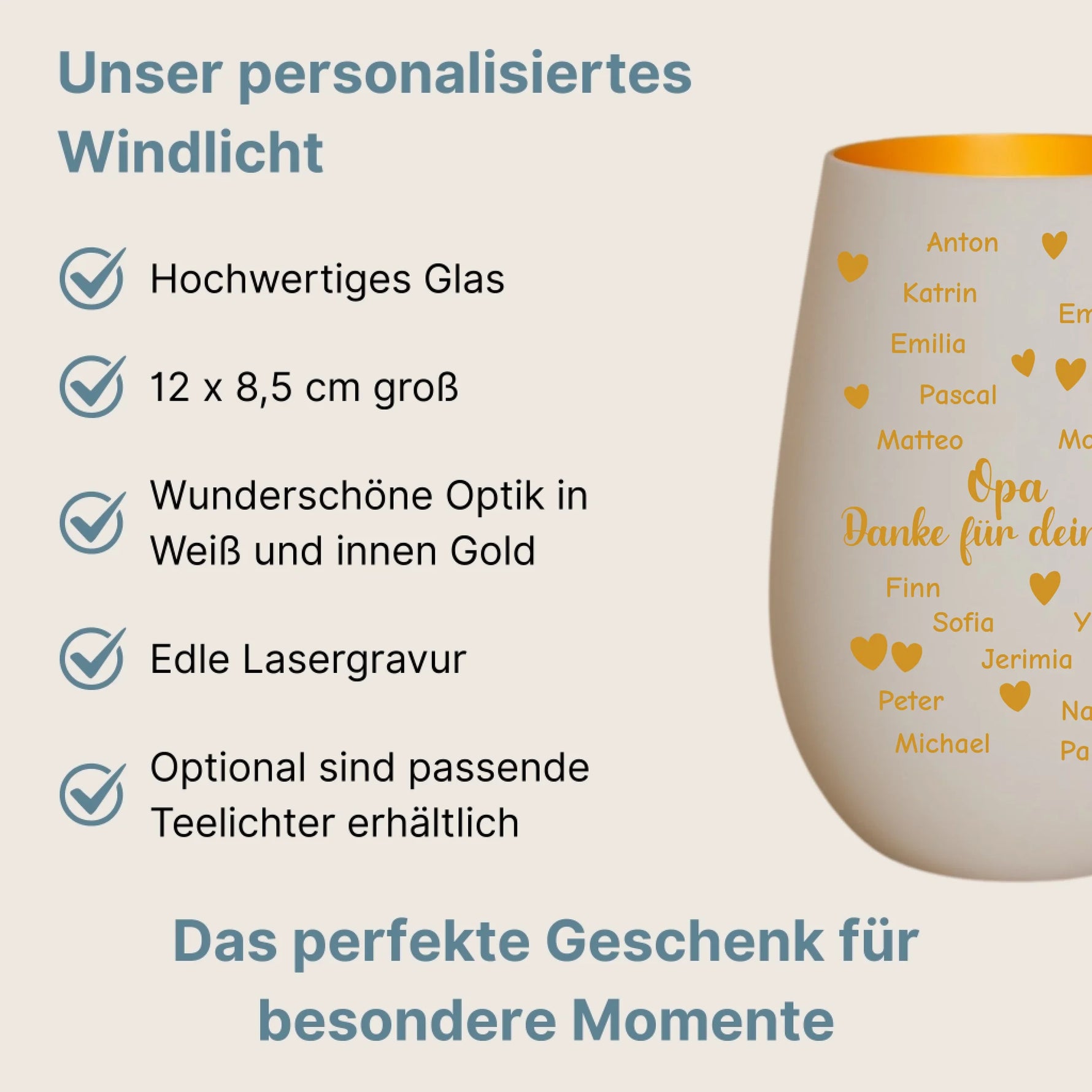 Produktbeschreibung Windlicht Weiß Gold