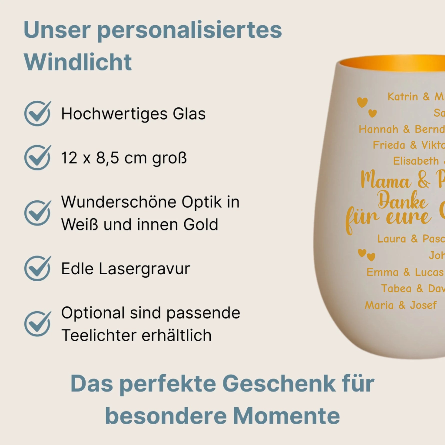 Produktbeschreibung Windlicht Weiß Gold