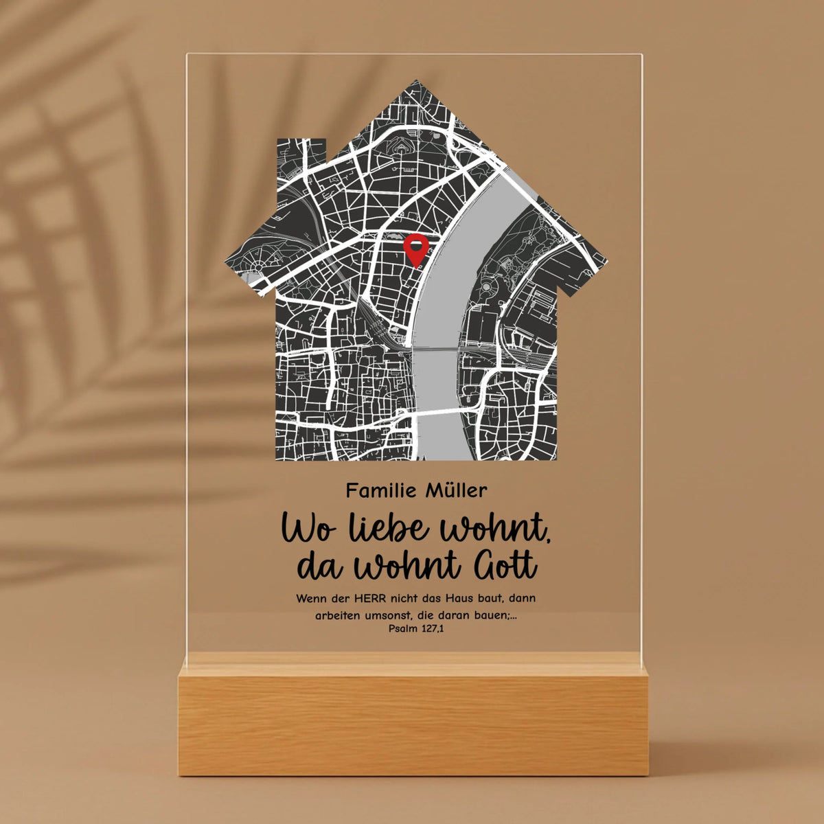 Personalisierter Acrylaufsteller mit Holzsockel, christliche Deko und Geschenkidee, stilvoll mit Palmenschatten