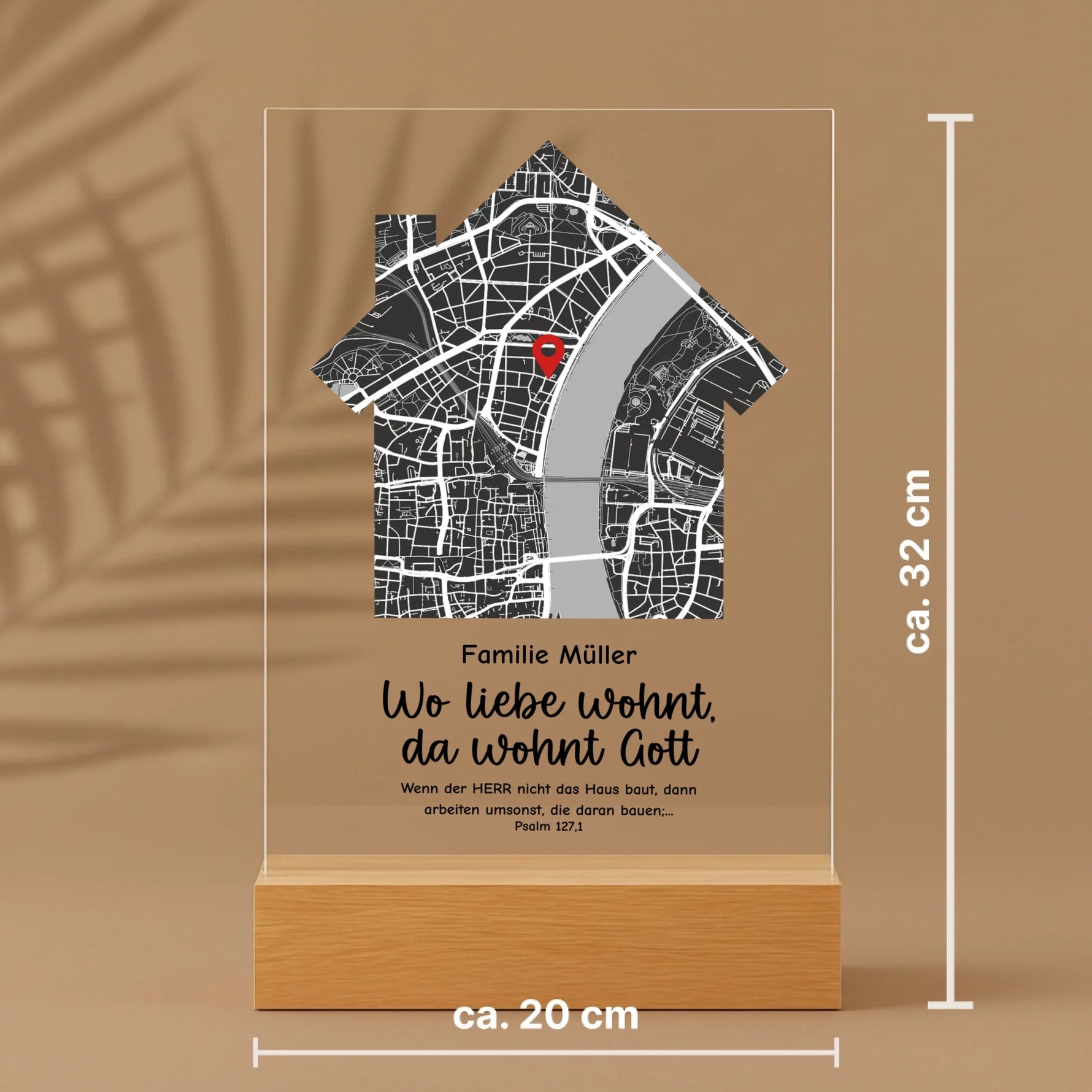 Personalisierter Acrylaufsteller mit Holzsockel, christliche Deko und Geschenkidee, mit Größenangaben