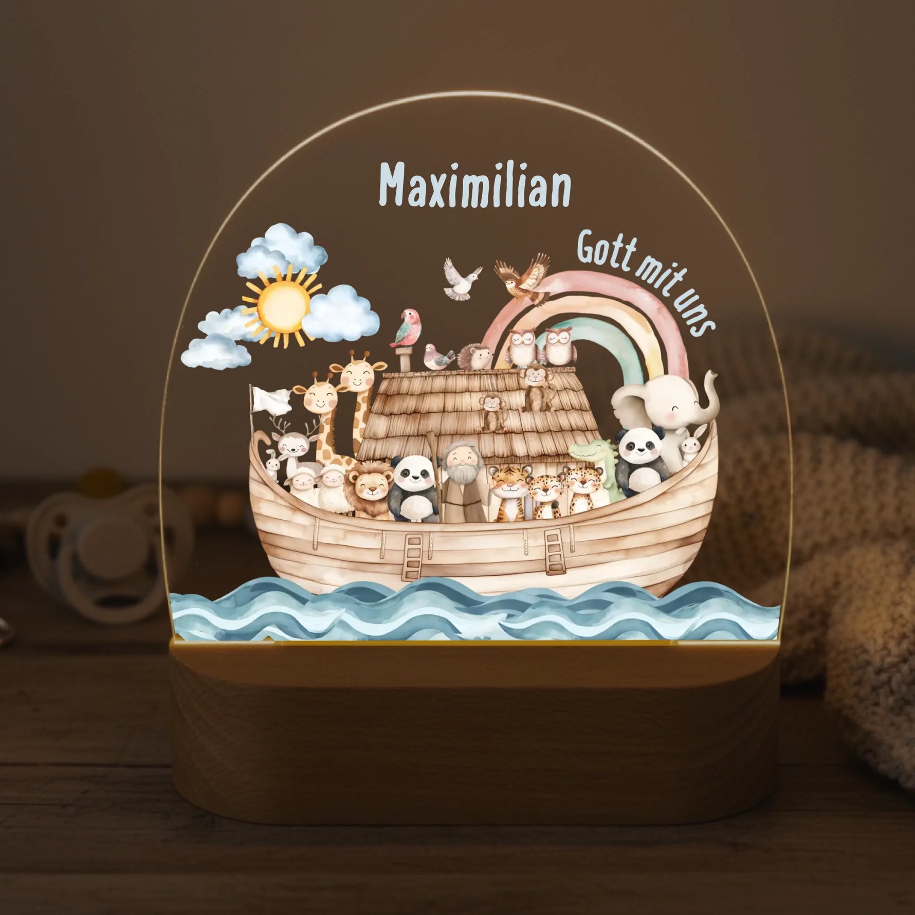 Personalisiertes LED Nachtlicht Christliche Deko und Geschenk Baby Decke und Schnuller