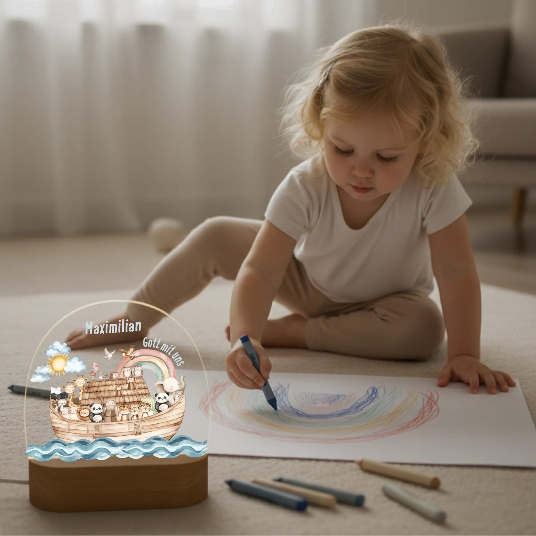 Personalisiertes LED Nachtlicht Christliche Deko und Geschenk Kind malt
