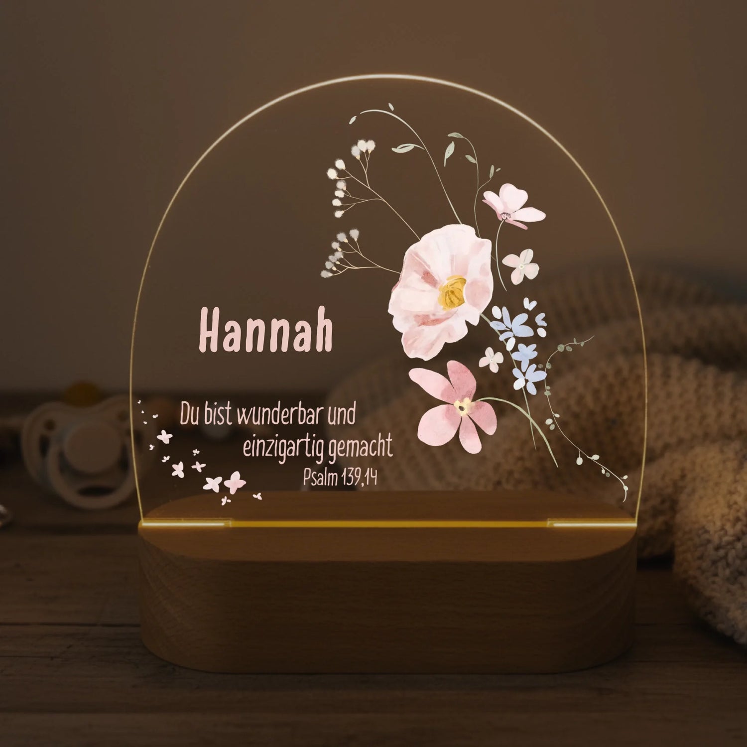 Personalisiertes LED Nachtlicht Christliche Deko und Geschenk Baby Decke und Schnuller