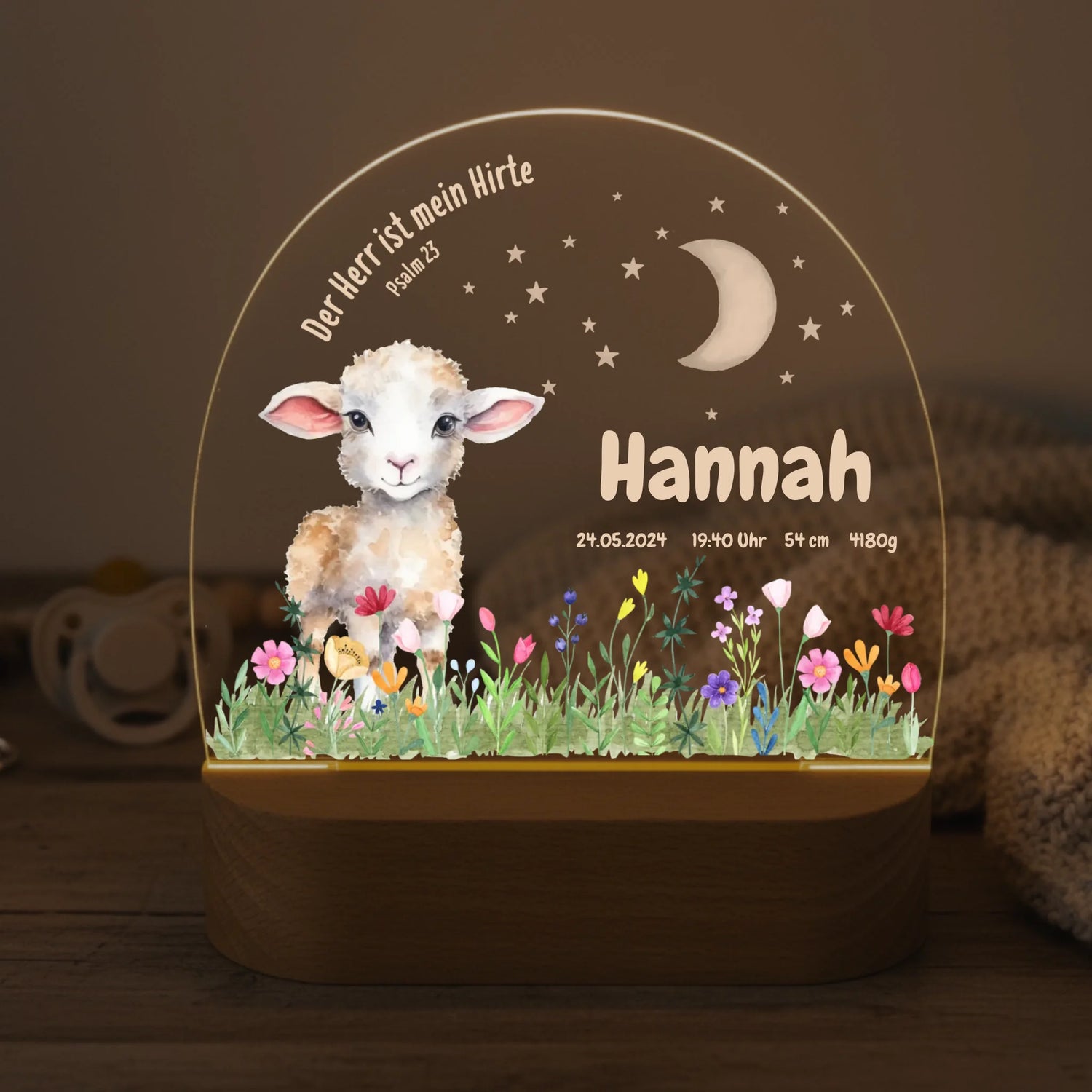 Personalisiertes LED Nachtlicht Christliche Deko und Geschenk Baby Decke und Schnuller
