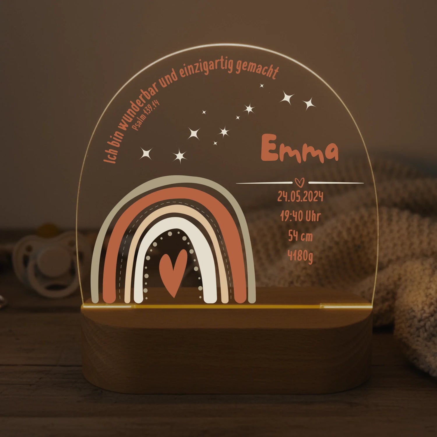 Personalisiertes LED Nachtlicht Christliche Deko und Geschenk Baby Decke und Schnuller