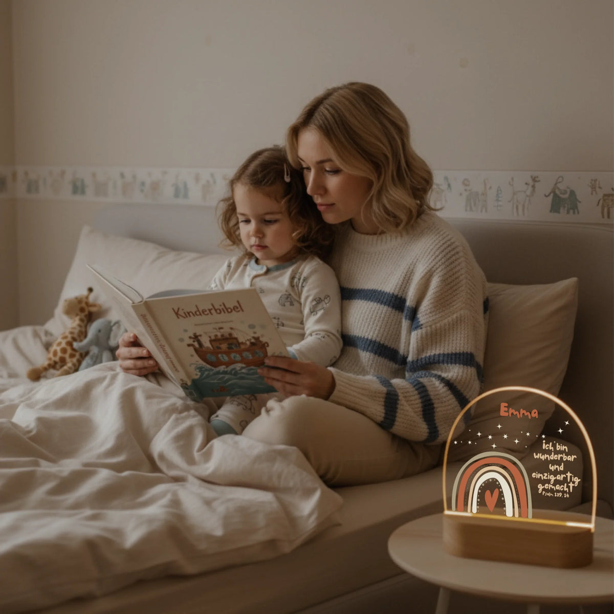 Personalisiertes LED Nachtlicht Christliche Deko und Geschenk Mutter liest Bibel vor