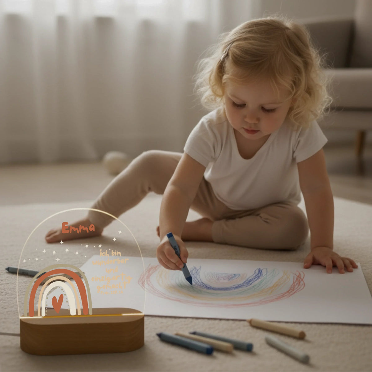 Personalisiertes LED Nachtlicht Christliche Deko und Geschenk Kind malt