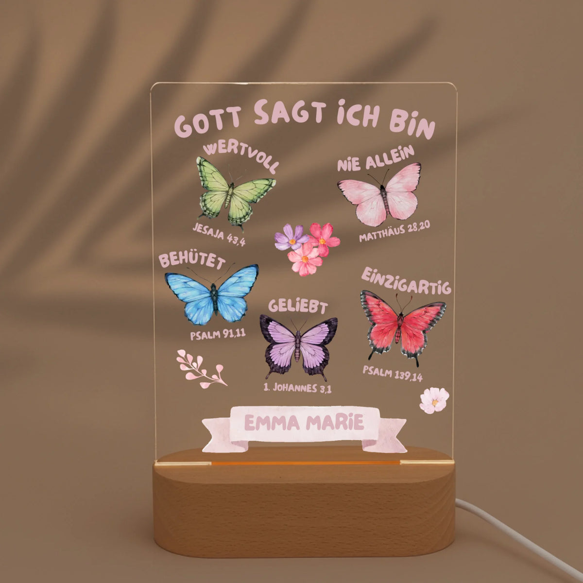 Personalisiertes LED Nachtlicht Christliche Deko und Geschenk mit Schatten von Palme
