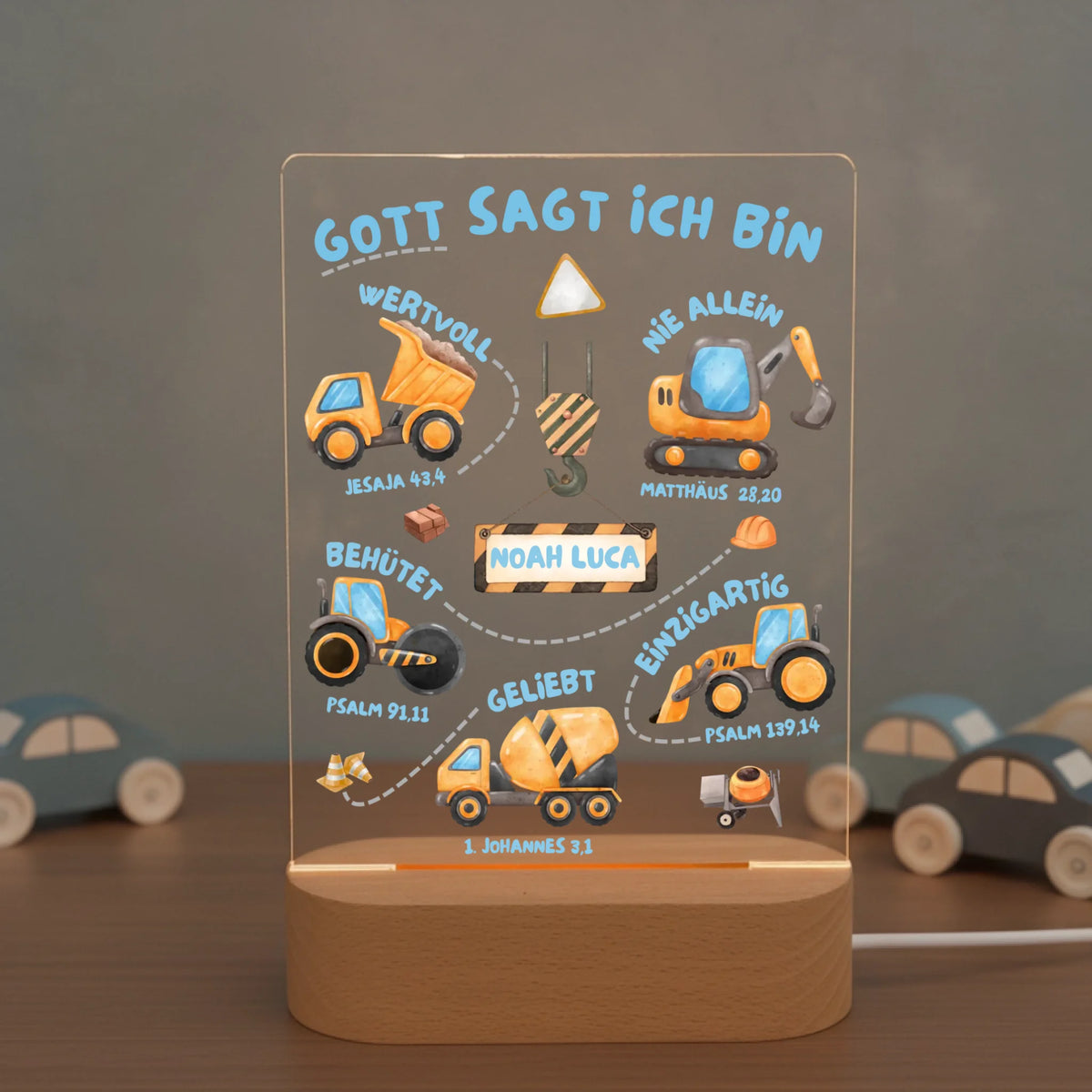 Personalisiertes LED Nachtlicht Christliche Deko und Geschenk Kinderzimmer Autos