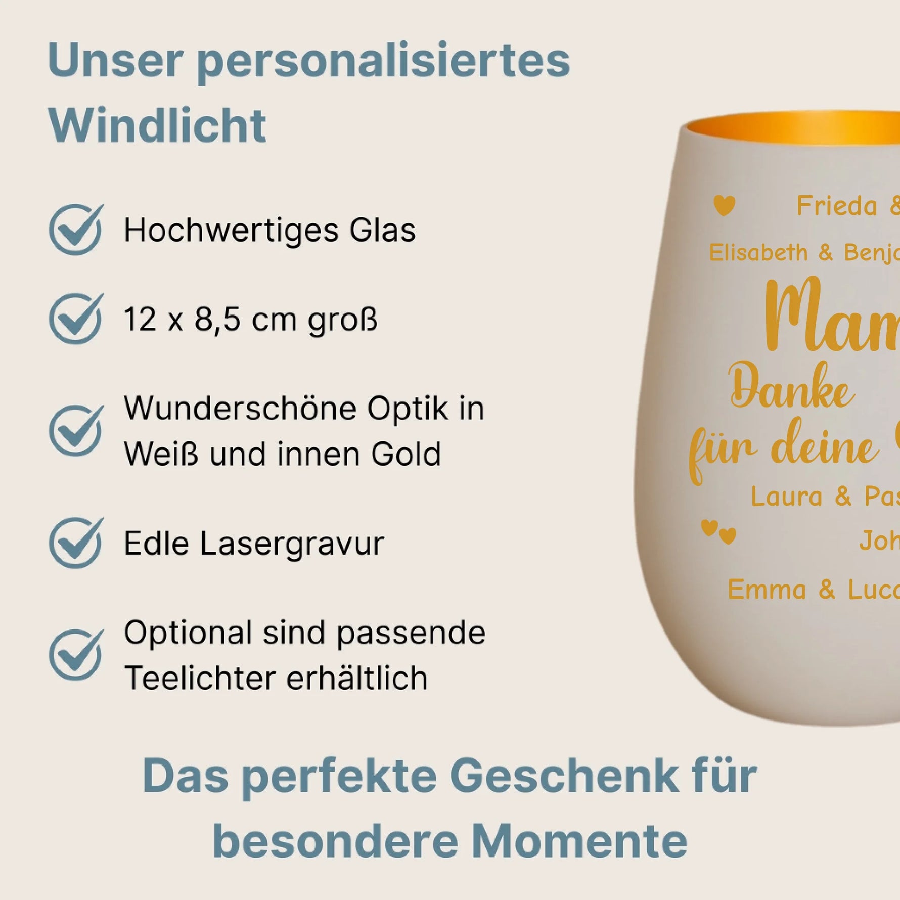 Produktbeschreibung Windlicht Weiß Gold