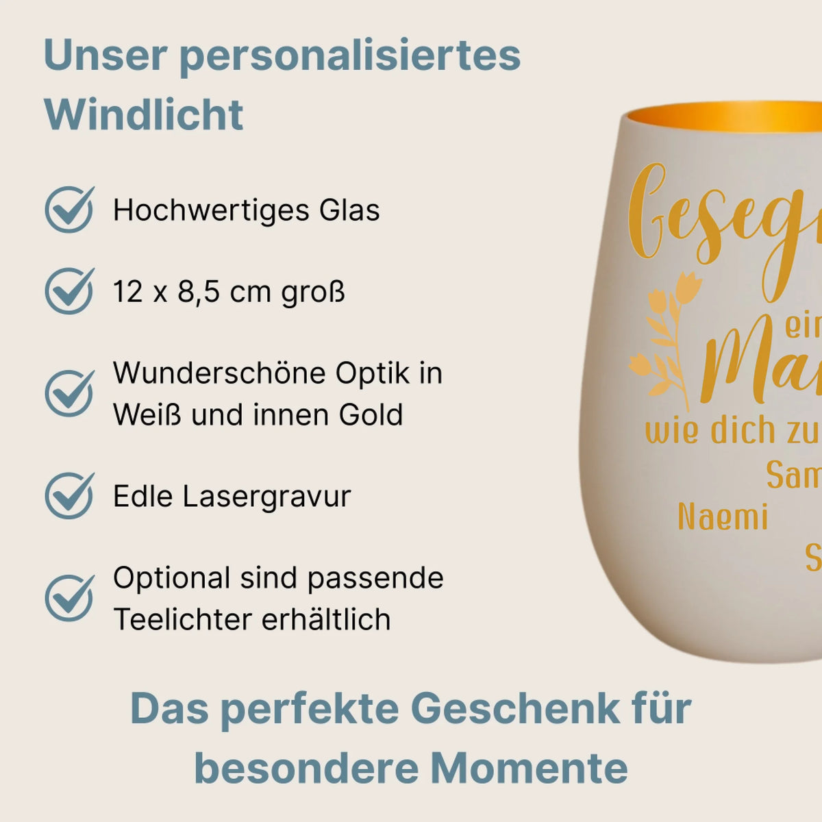 Produktbeschreibung Windlicht Weiß Gold