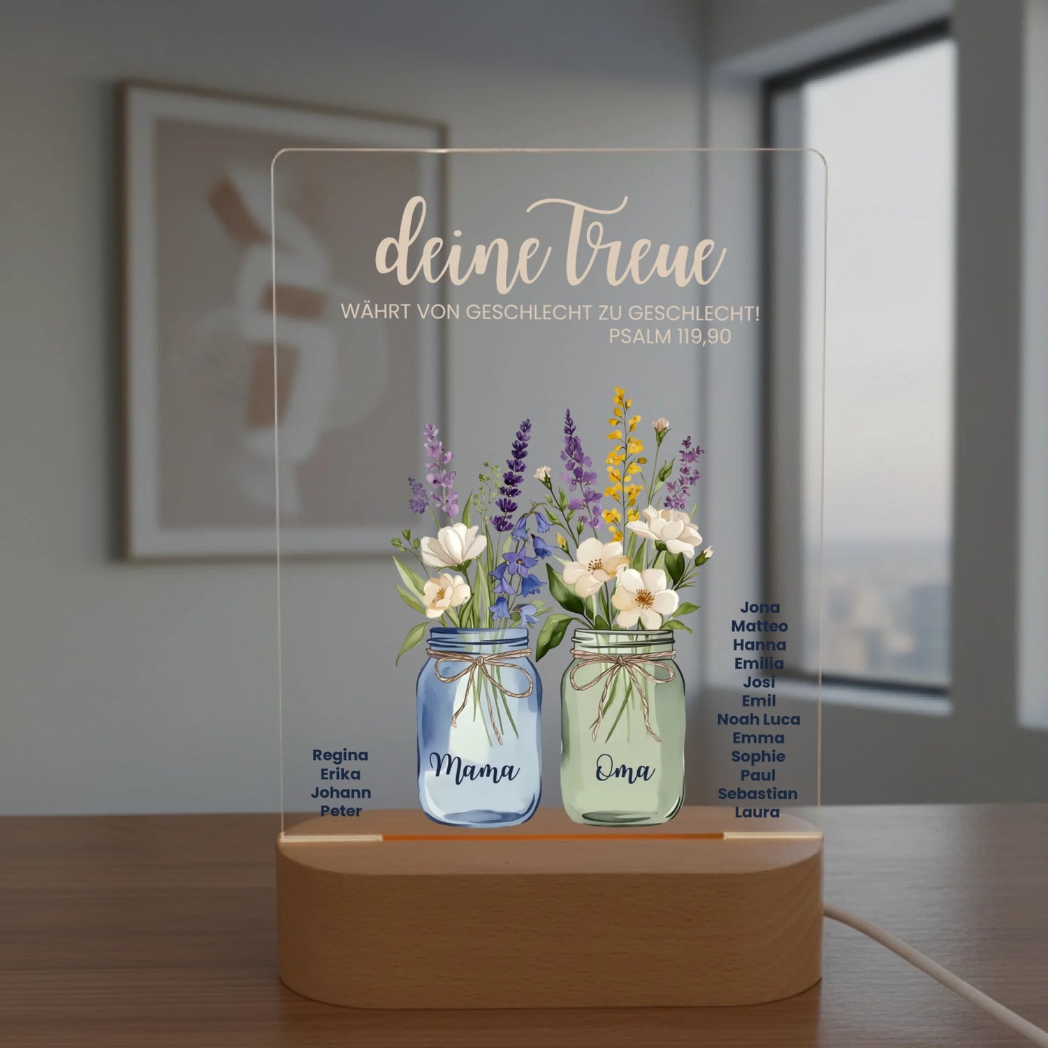 Personalisiertes LED Nachtlicht Christliche Deko und Geschenk Tisch im Hintergrund Bild